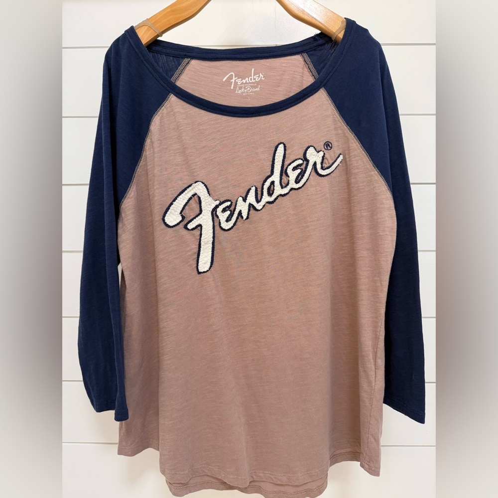 Lucky Brand Fender Tan and Navy Baseball Raglan Tee 3/4 Sleeve